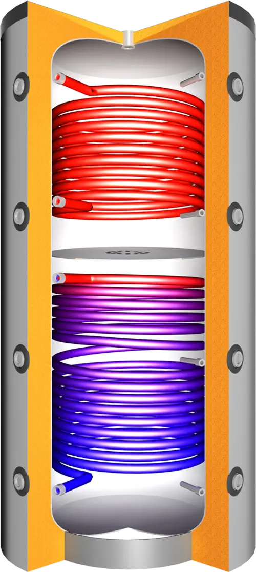 Vertikales Pufferspeichersystem von Juratherm mit spiralförmigen Rohrleitungen in verschiedenen Farben innerhalb eines isolierten Gehäuses.
